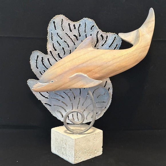 Coastal Décor "Wooden Dolphin w/Metal accents on Stone base" Mixed Media - Picture 11 of 11